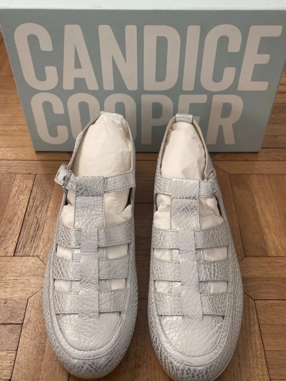 NIB Candice Cooper Rock T-Bar Leather Fishmerman Sandals Silver 9 39